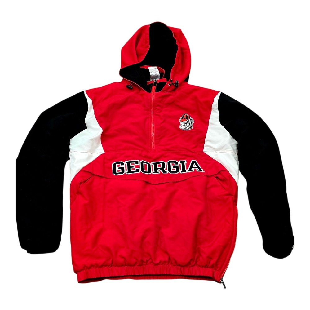 Vintage Russell Athletic Georgia Bulldogs 1/2 Zip Hooded Jacket Mens Small Red